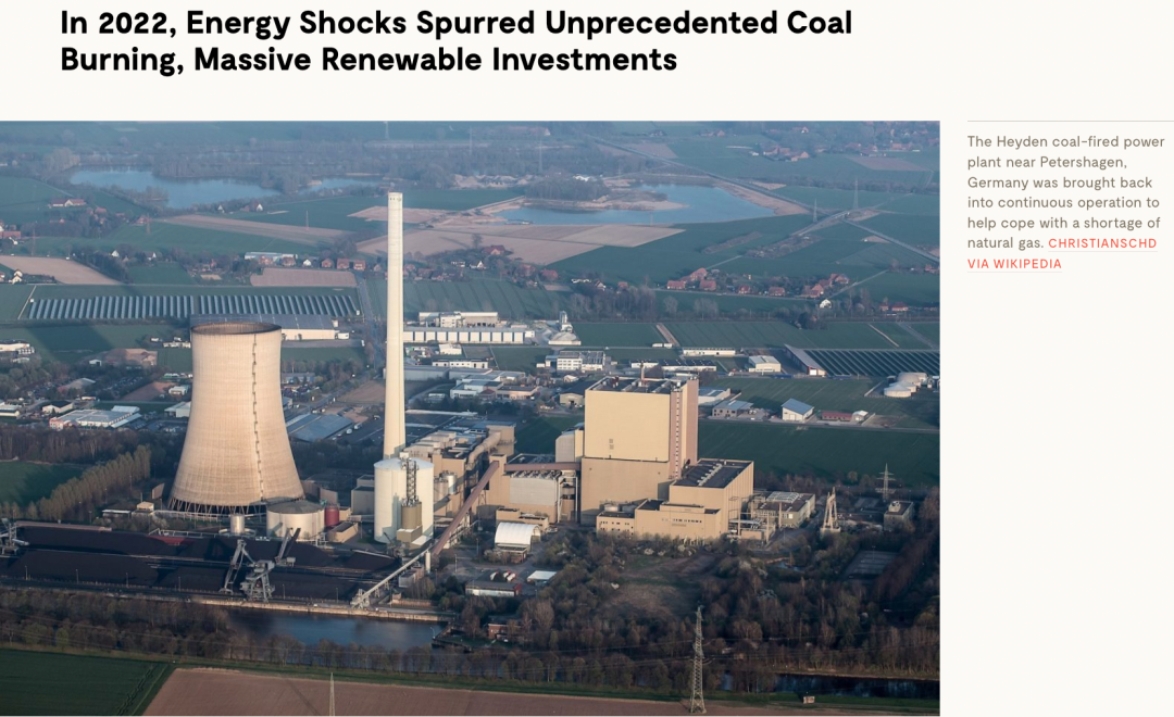 2022年能源危機導致煤炭消費反彈，但可再生能源投資上升更快